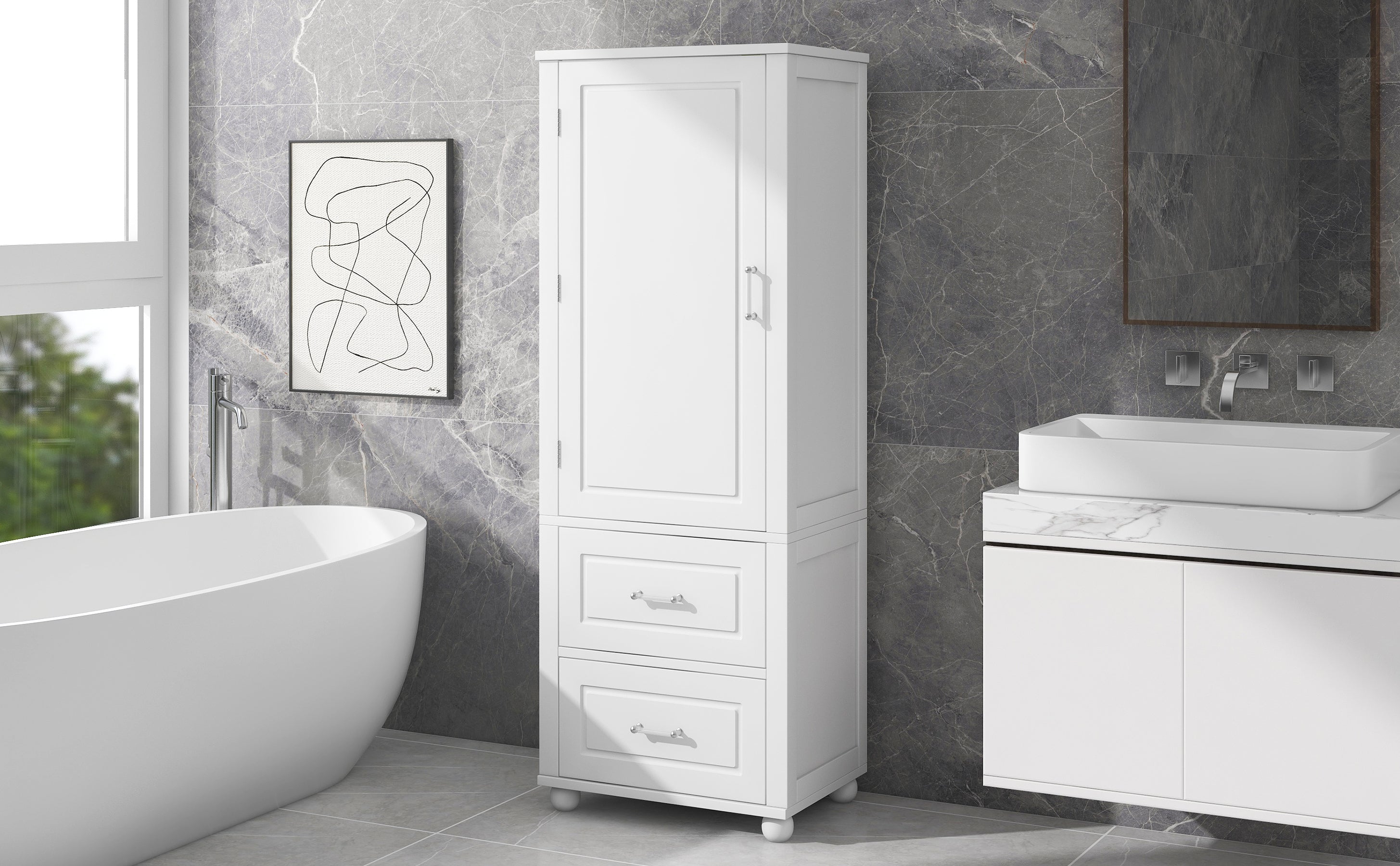 Tall Bathroom Storage Cabinet, Freestanding Storage Cabinet with Two Drawers and Adjustable Shelf, MDF Board  White