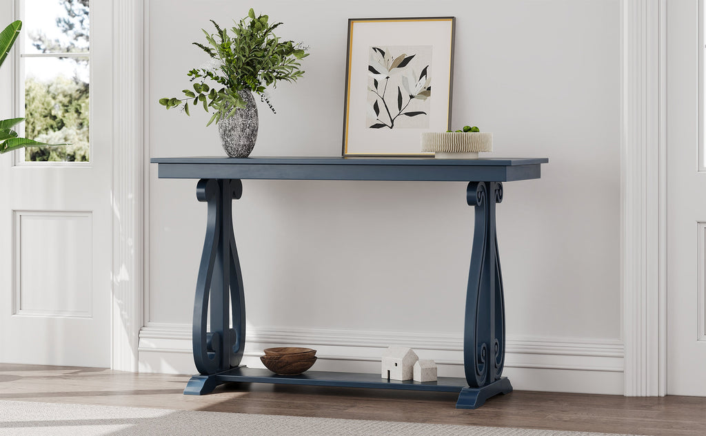 48-Inch Rustic Vintage Console Table --- Farmhouse Style Entryway Table with Open Shelf and Sturdy Construction (Navy)