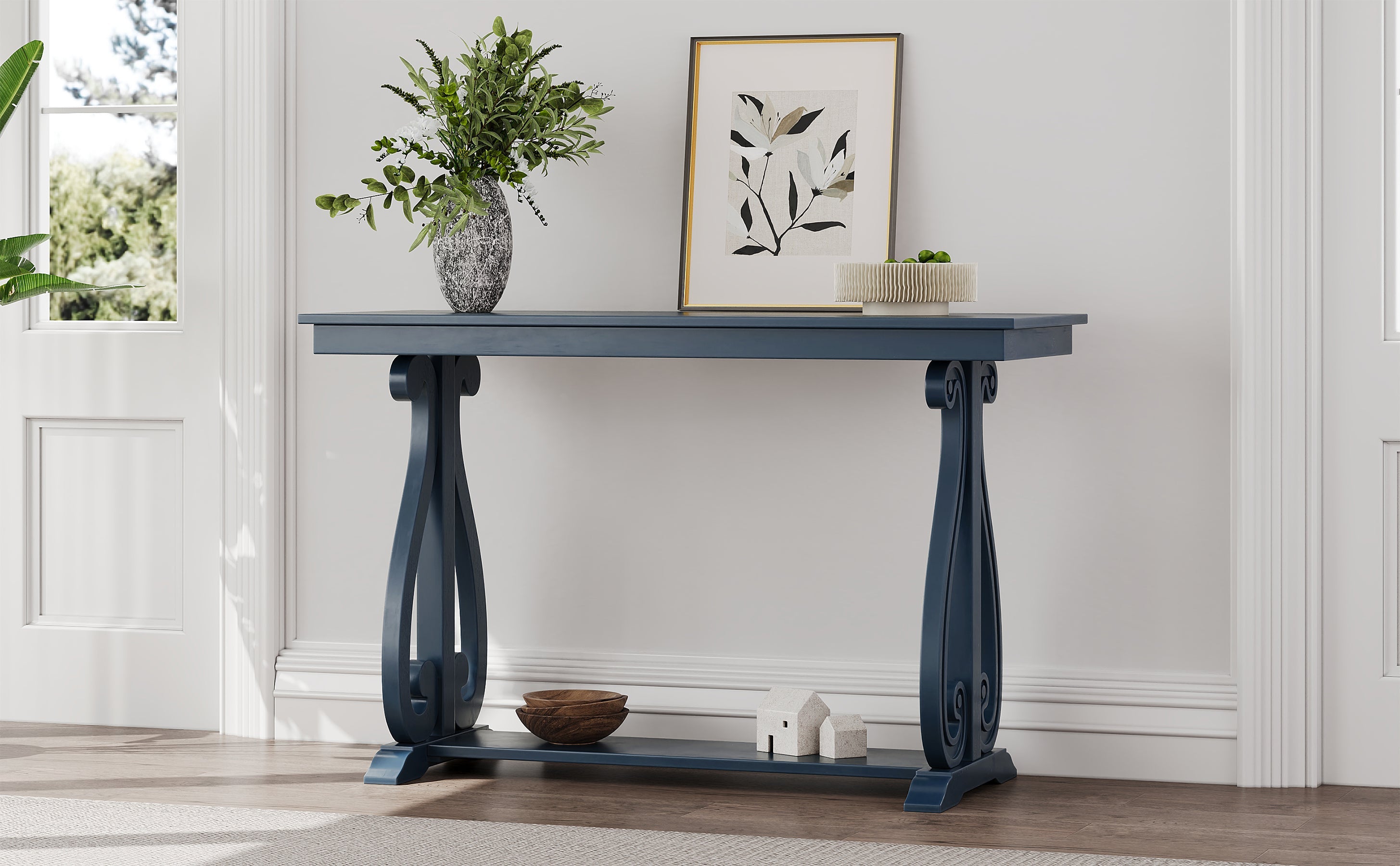 48-Inch Rustic Vintage Console Table --- Farmhouse Style Entryway Table with Open Shelf and Sturdy Construction (Navy)