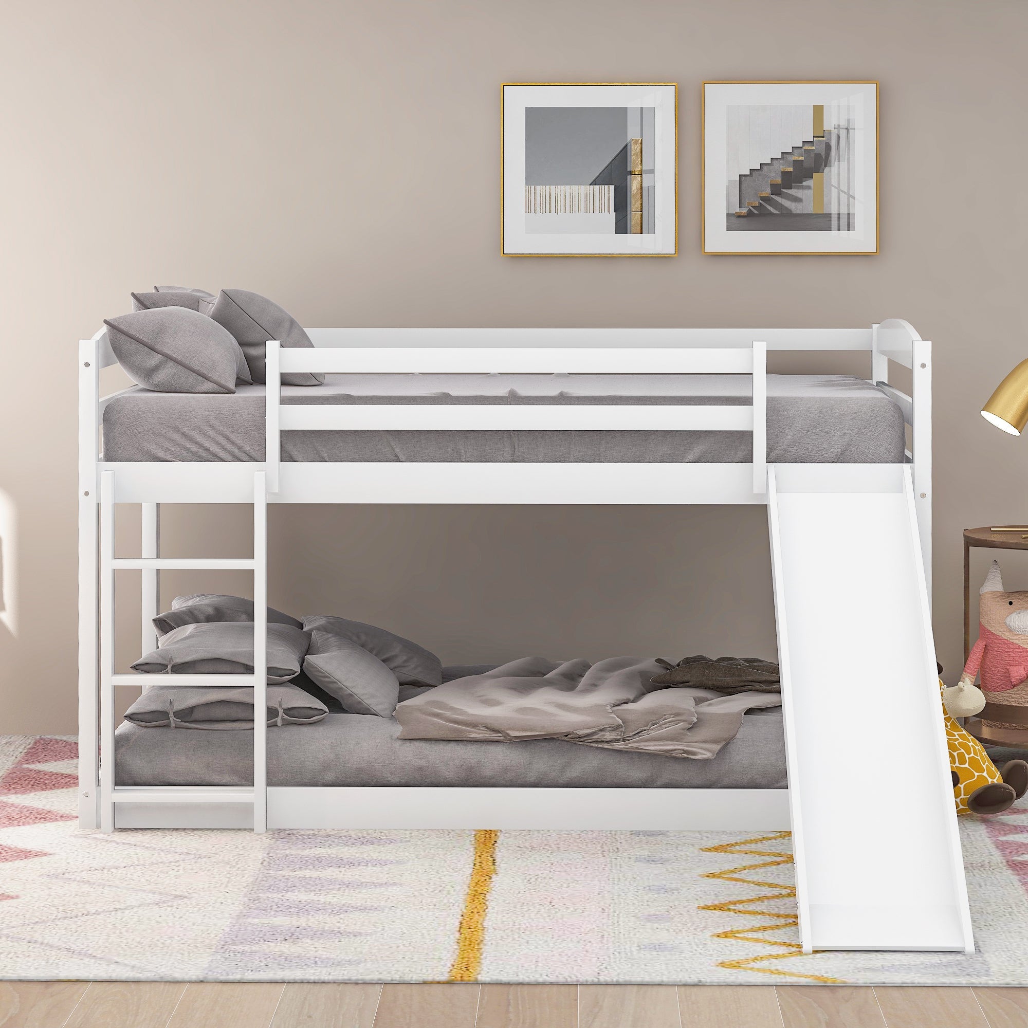 Twin over Twin Bunk Bed with Convertible Slide and Ladder   White