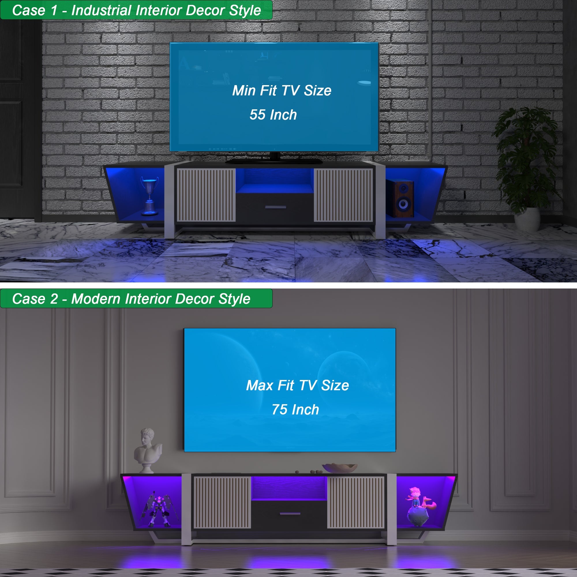 TV console with storage cabinet, dual flat LED TV stand with remote control, multi-mode light with power cord, black