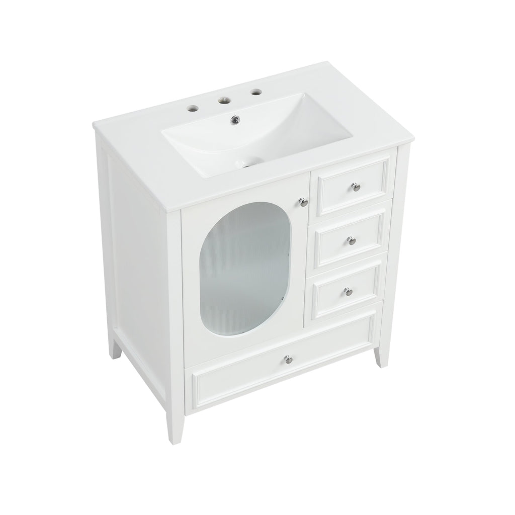 30" Bathroom Vanity with Sink, Bathroom Vanity Cabinet with Three Drawers and Door, Solid Wood and MDF, White