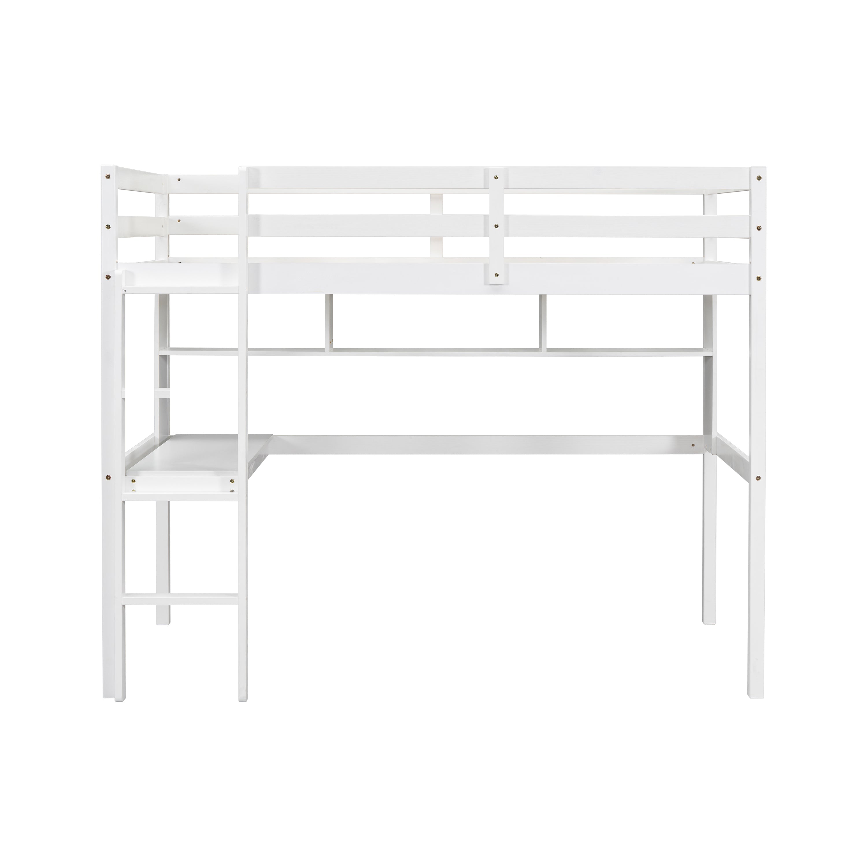 Twin Loft Bed with built-in desk and bookcase of three compartments, Guardrails and Ladder,White