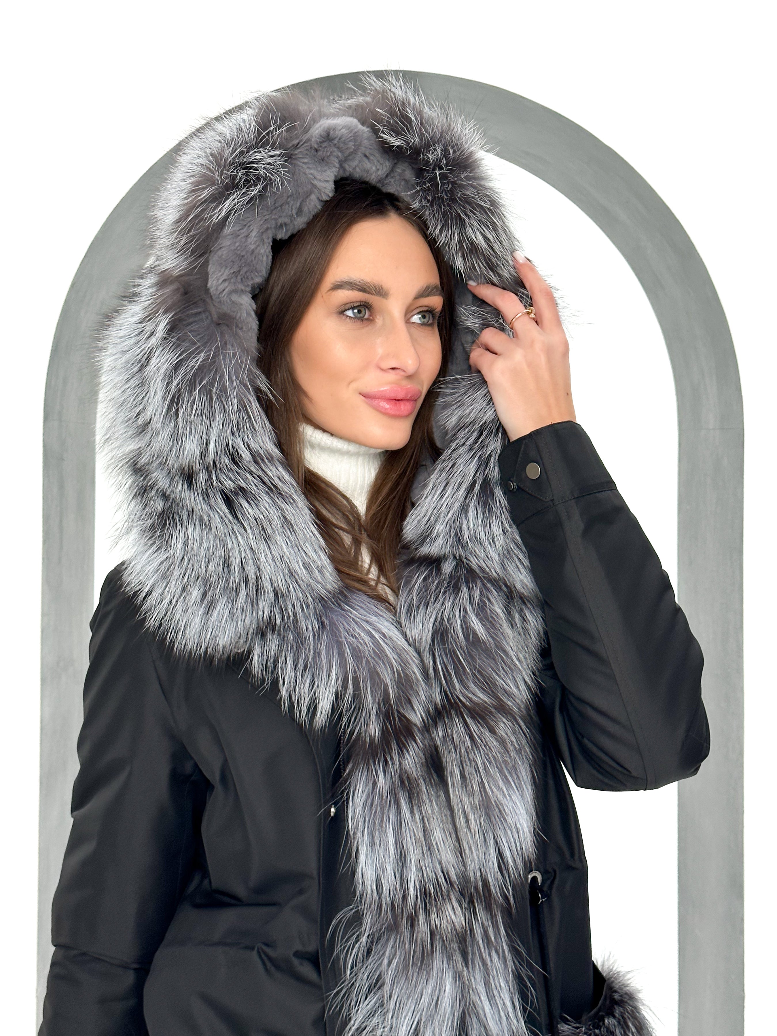 Genuine Silver Fox Fur Rabbit Fur Insulated Parka