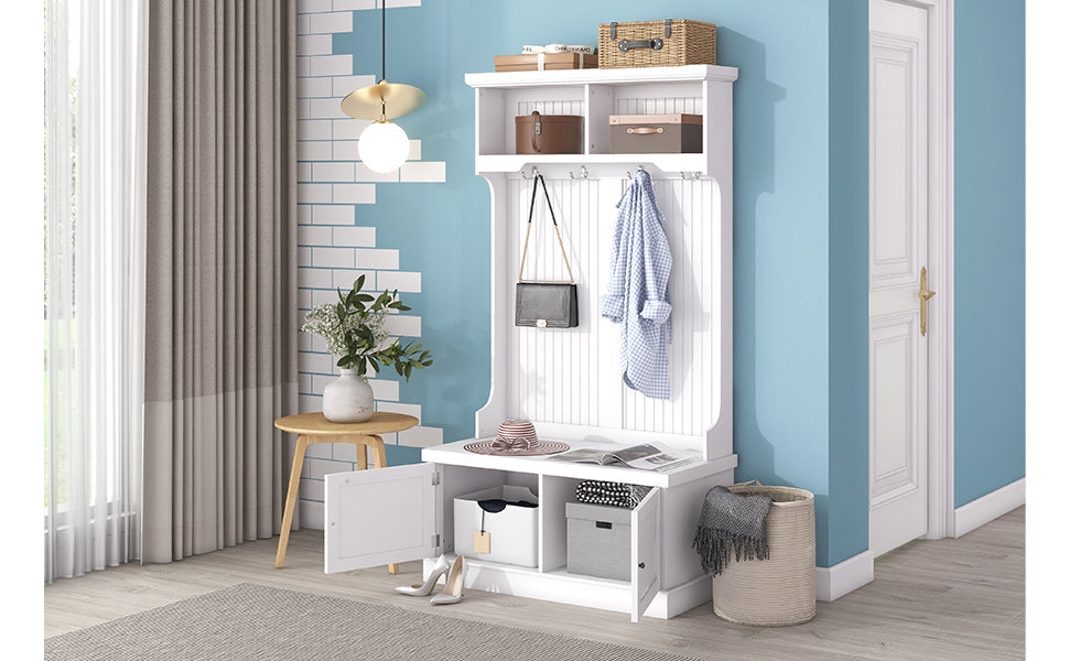 Hall Tree with Storage Shoe Bench for Entryway and Hallway 4-in-1 Design Coat Racks with 4 Hooks for Living Room White