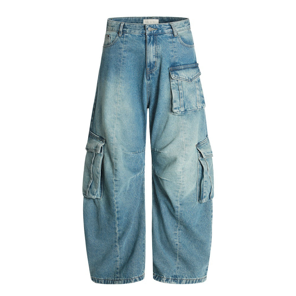American High Street Vintage Washed Multi-Pocket Workwear Jeans Loose A-Line Wide Leg Long Pants for Men