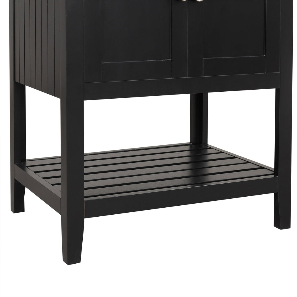 24" Black Modern Sleek Bathroom Vanity Elegant Ceramic Sink with Solid Wood Frame Open Style Shelf