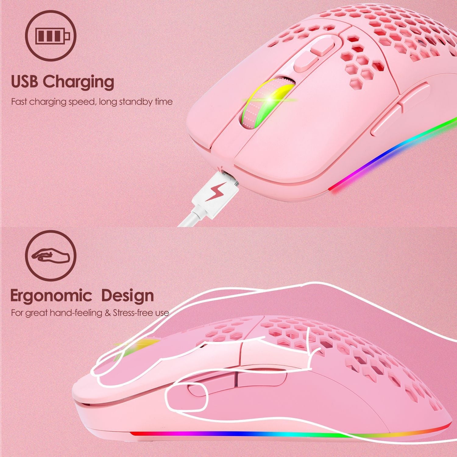 Charging hole the third mock examination Bluetooth wireless mouse lightweight mute cellular RGB light-emitting pink mouse