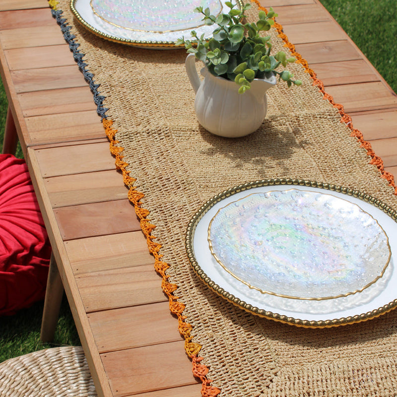 Aura Raffia table Runner, colorful edge tabletop
