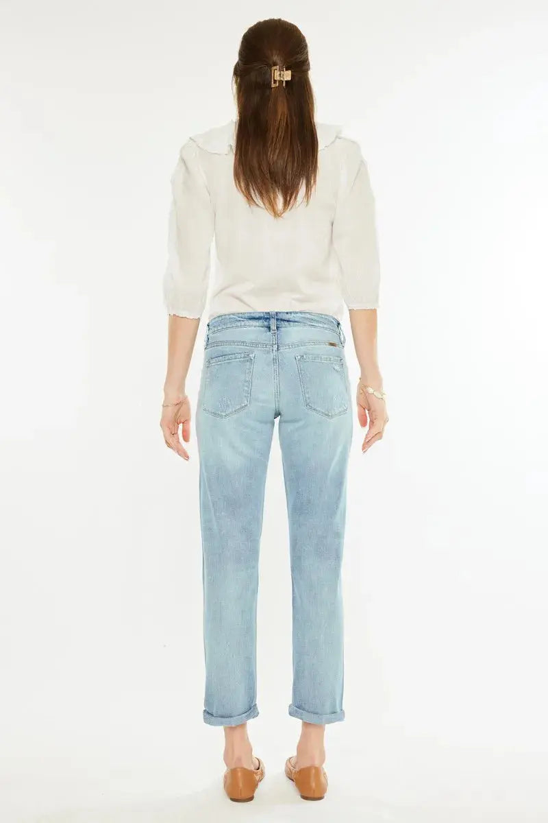 Mid Rise Distressed Kancan Boyfriend Jeans - Light Wash