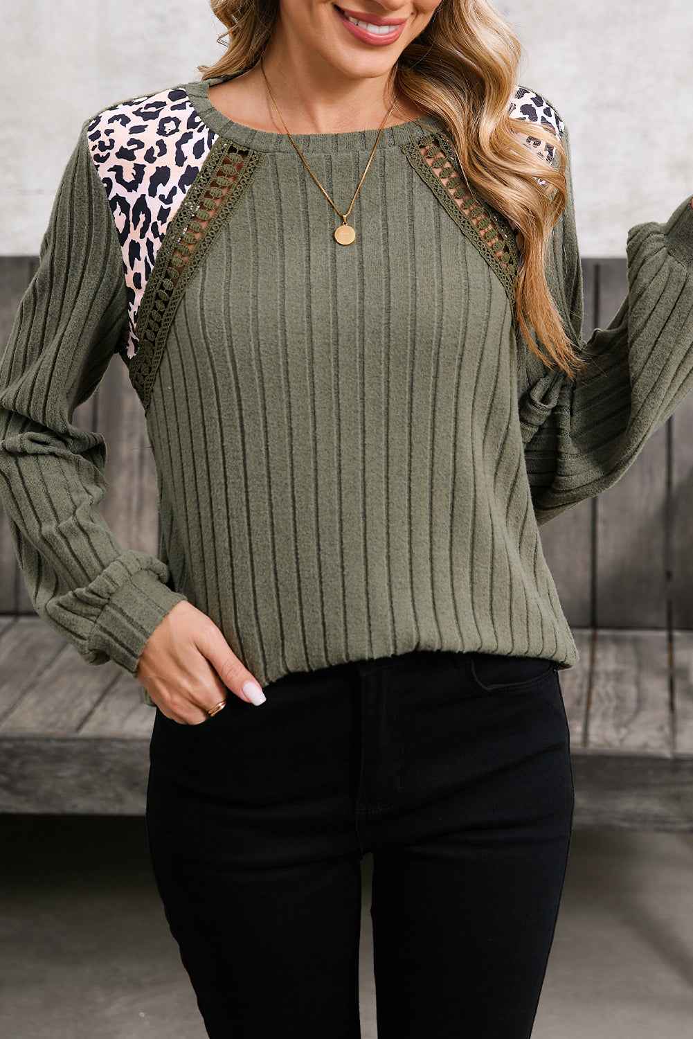 Moss Green Leopard Print Top - Patchwork Crochet Rib Textured Women's Top
