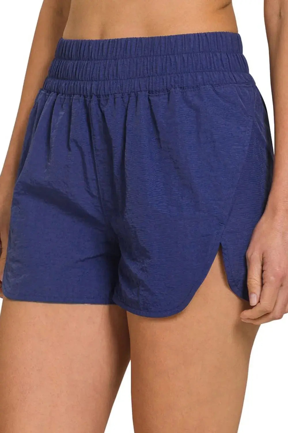 Zenana Navy Windbreaker Smocked Waistband Women's Running Shorts