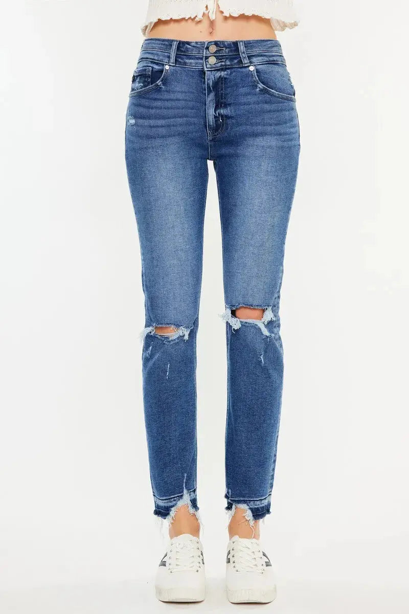 High Rise Distressed Slim Kancan Straight Leg Jeans