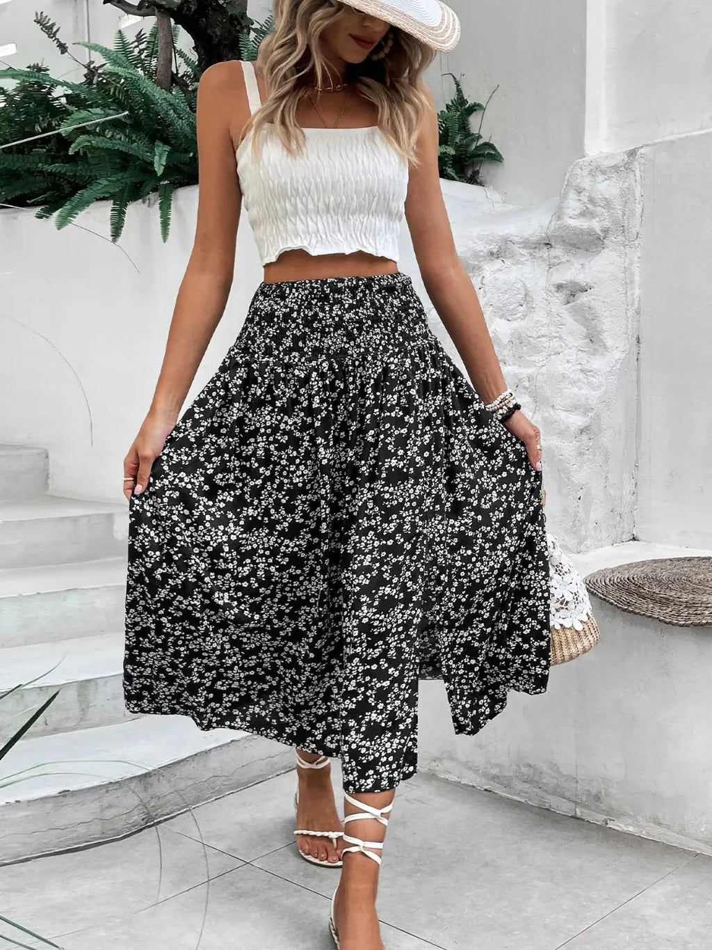 Slit Smocked High Waist Floral Midi Skirt