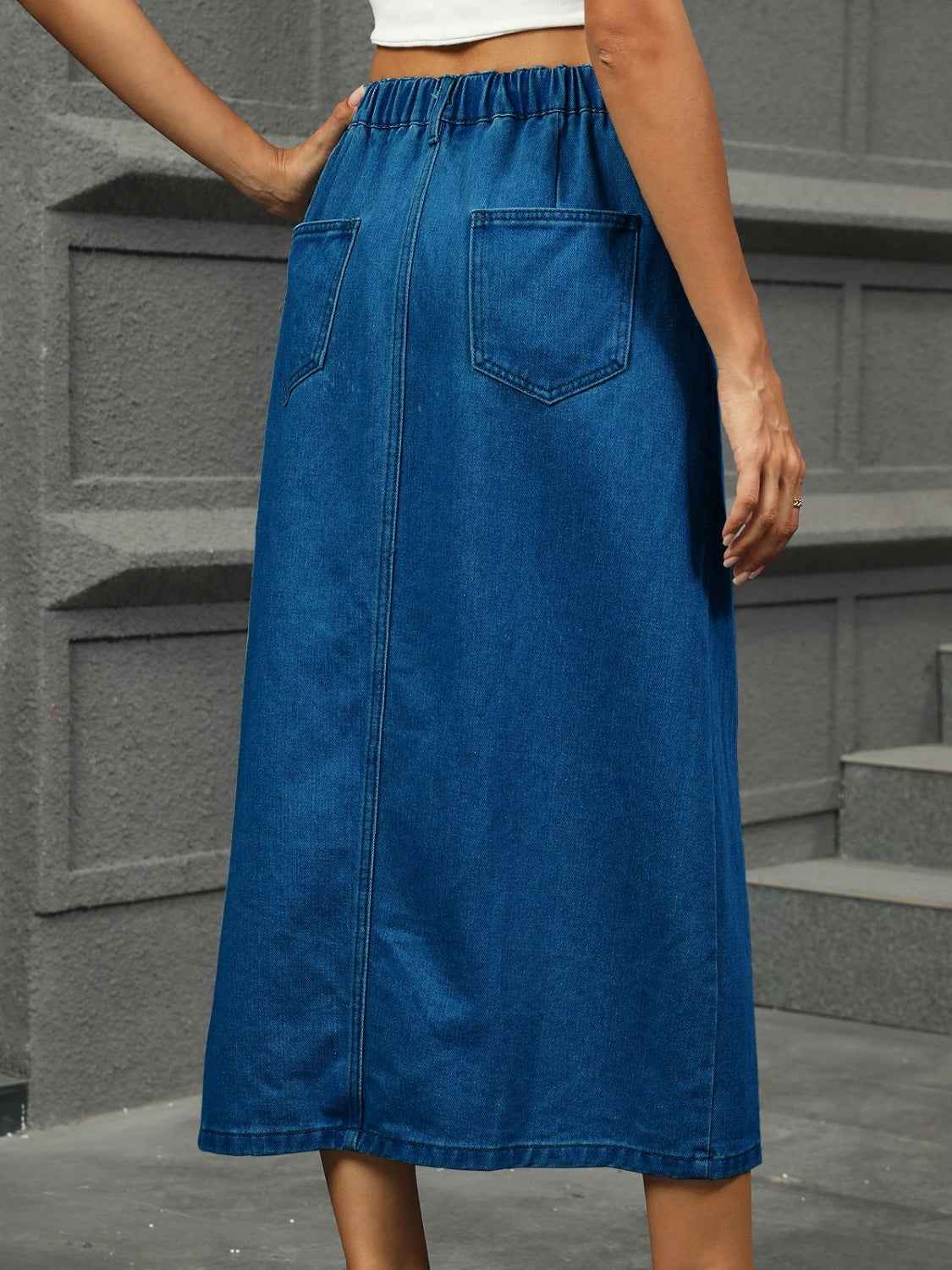 Slit Button Detail Denim Skirt - Stylish Midi Length Fashion Piece