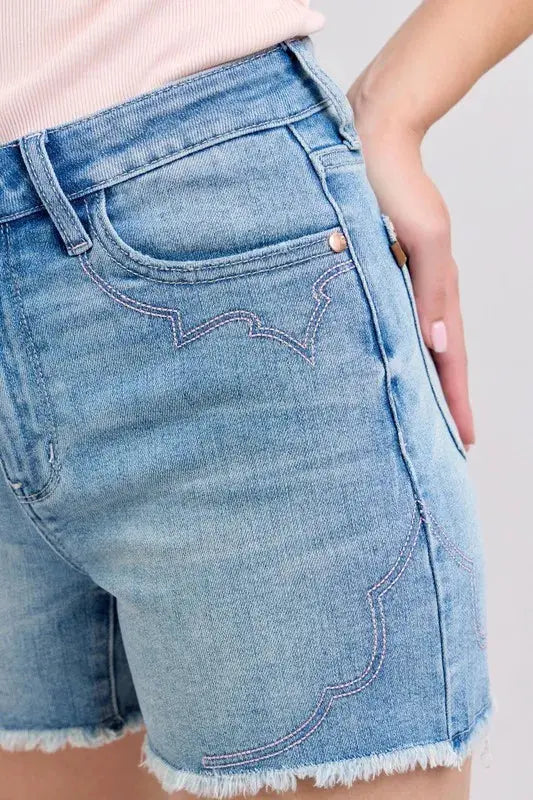 Judy Blue Jeans - Plus Size High Waist Western Embroidery Detail Cut Off Denim Shorts