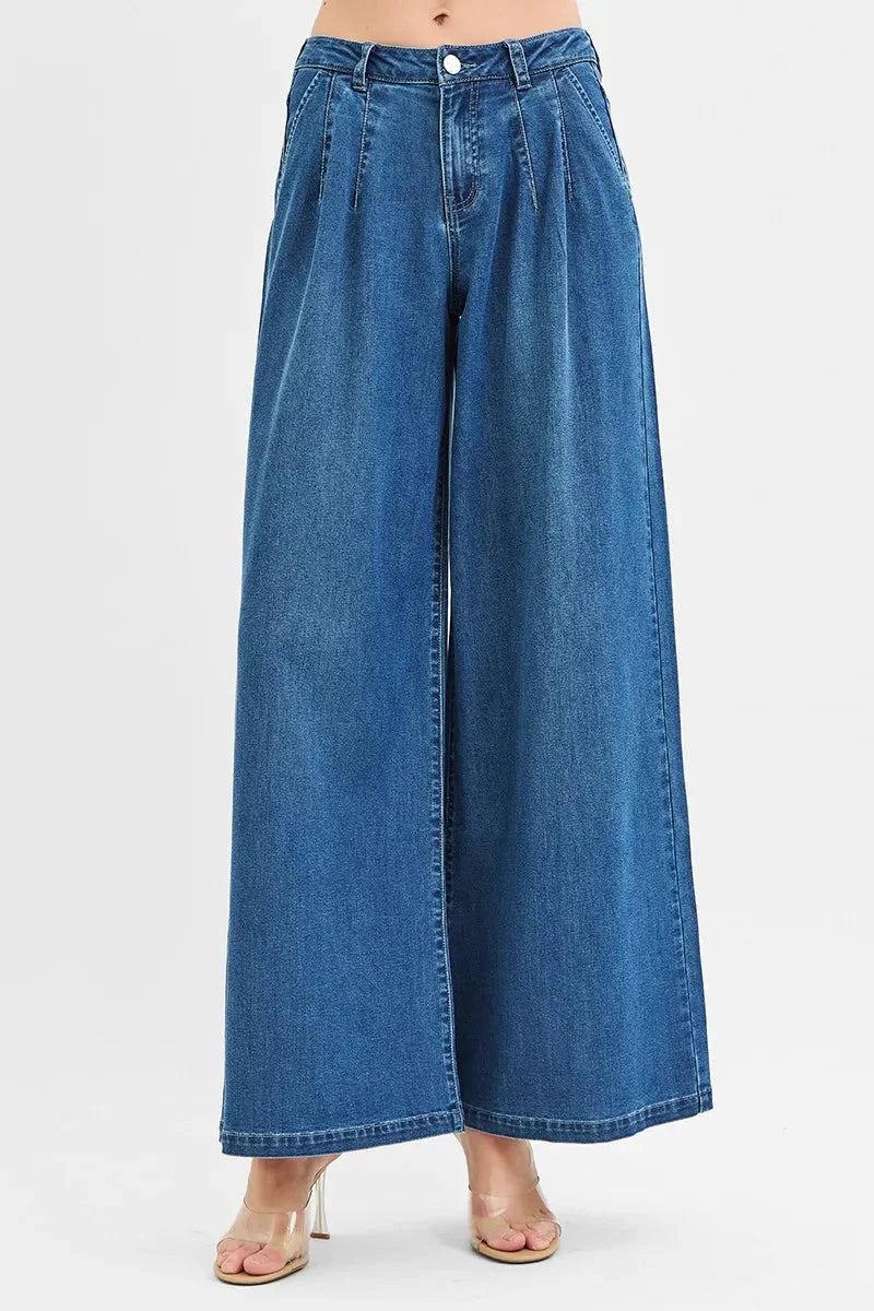 Mid Rise Wide Leg Knit Denim Palazzo RISEN Jeans