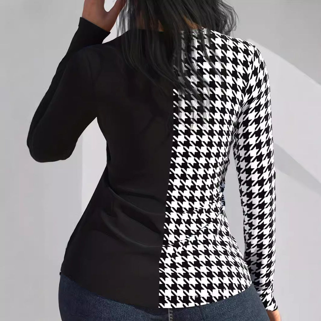 Women's Printed V-neck Blouse Stitching Long Sleeve Women's Top