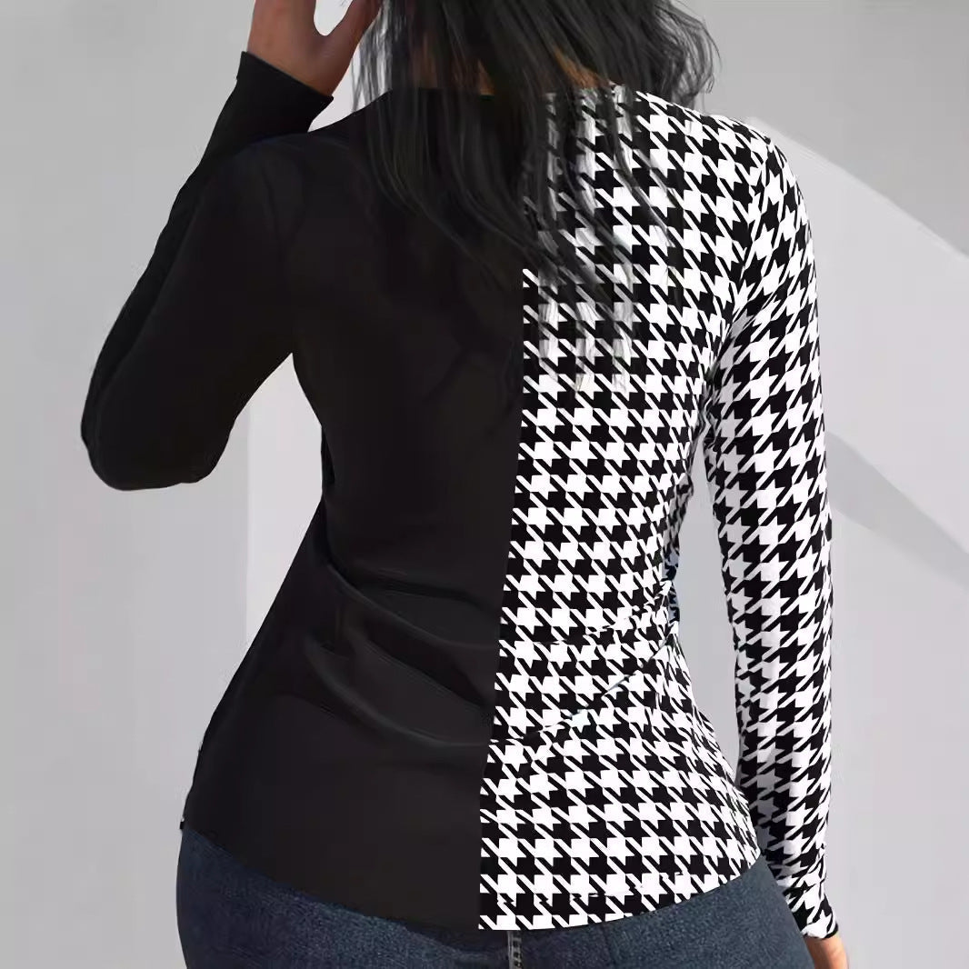 Women's Printed V-neck Blouse Stitching Long Sleeve Women's Top