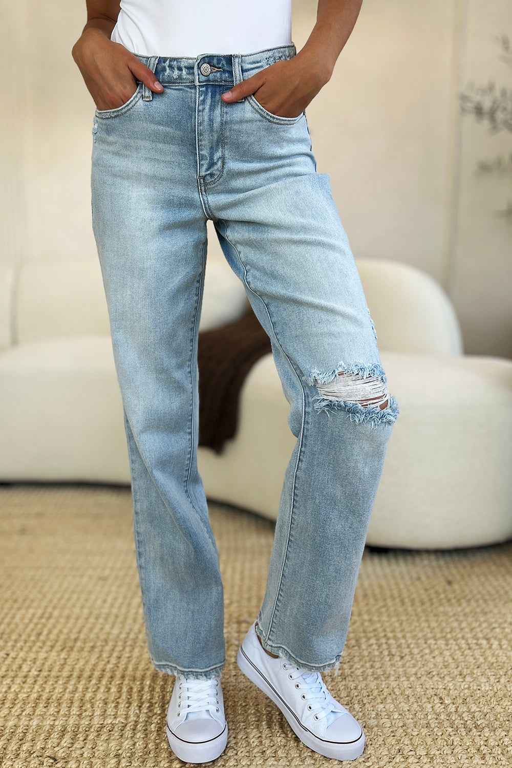 Judy Blue High Waist Distressed Jeans - Women's Jeans Full Size Straight Denim