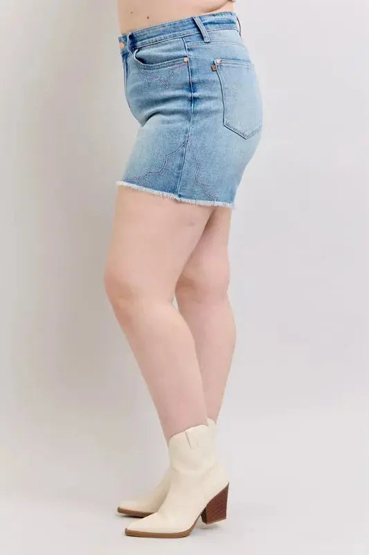 Judy Blue Jeans - Plus Size High Waist Western Embroidery Detail Cut Off Denim Shorts