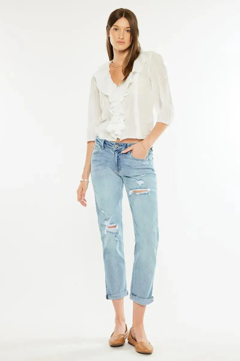 Mid Rise Distressed Kancan Boyfriend Jeans - Light Wash