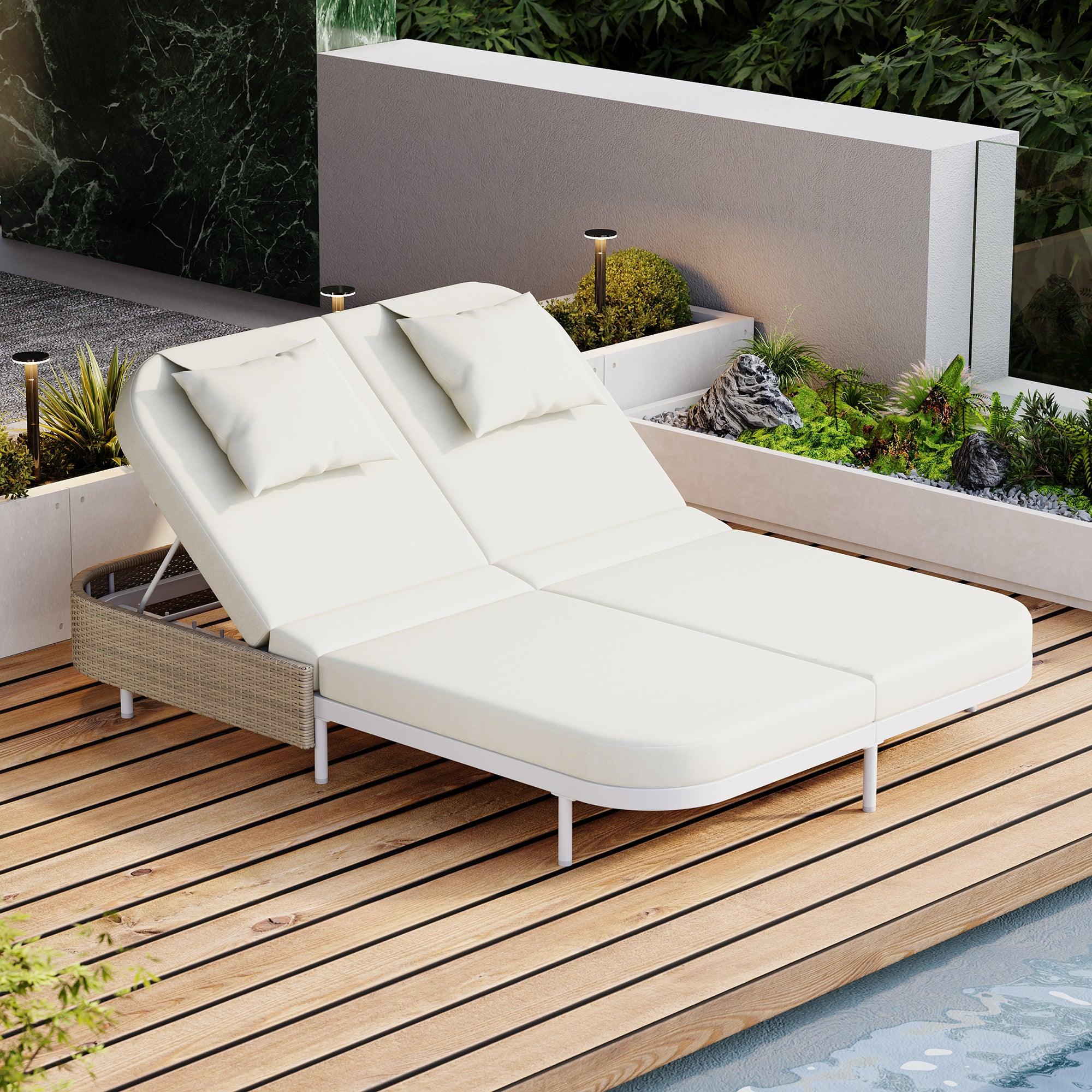 Outdoor Daybed, Patio Rattan Daybed with 5-Position Adjustable Backrest and Removable Cushions & Pillows for Garden, Backyard, Poolside