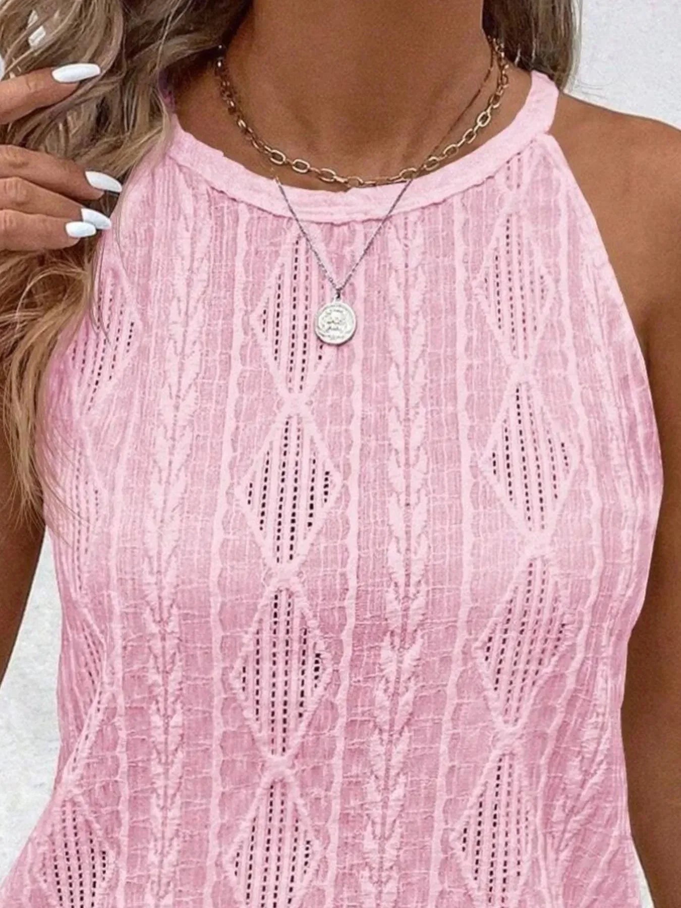 Round Neck Eyelet Textured Tank Top