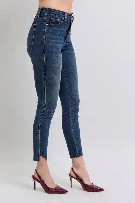 Full Size High Waist Tummy Control Step Hem Skinny Judy Blue Jeans