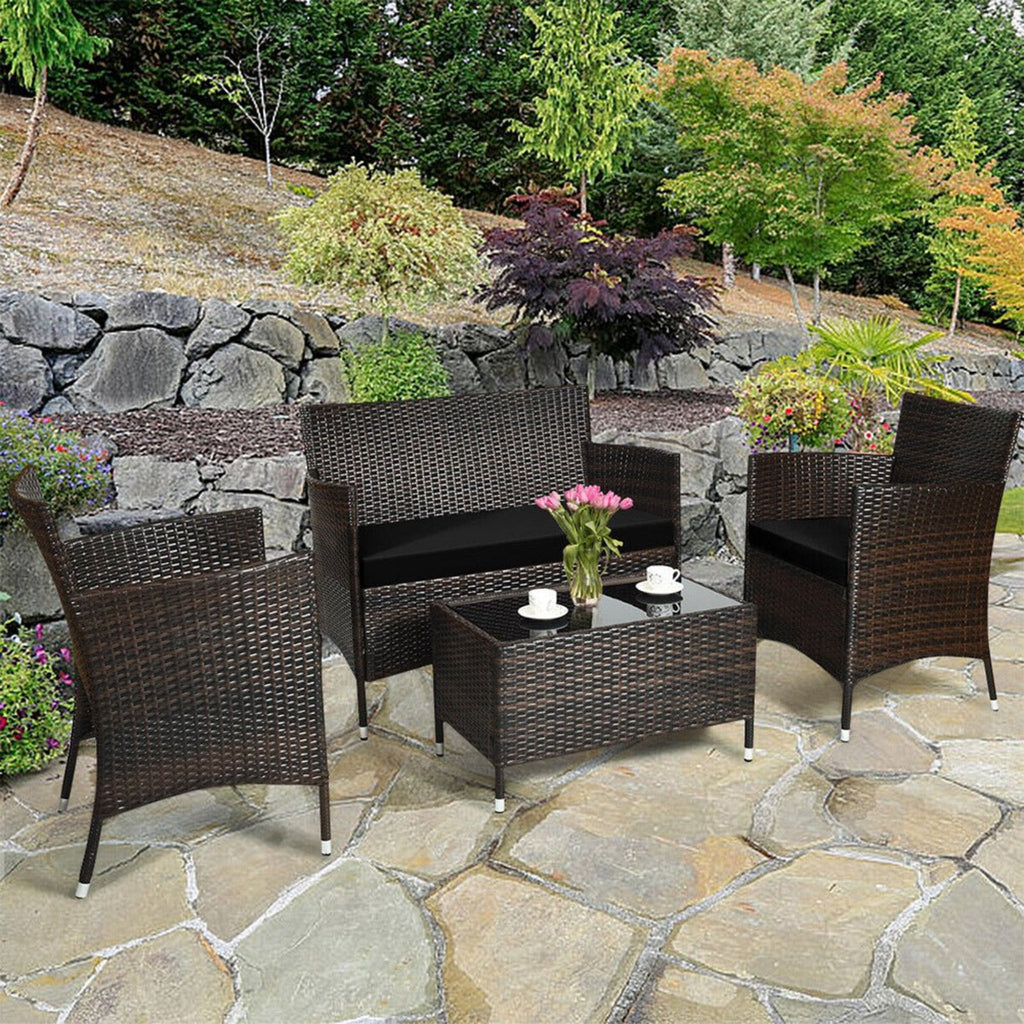 4PCS Outdoor Rattan Patio Furniture Set With Cushions & Coffee Table (SAK75463)