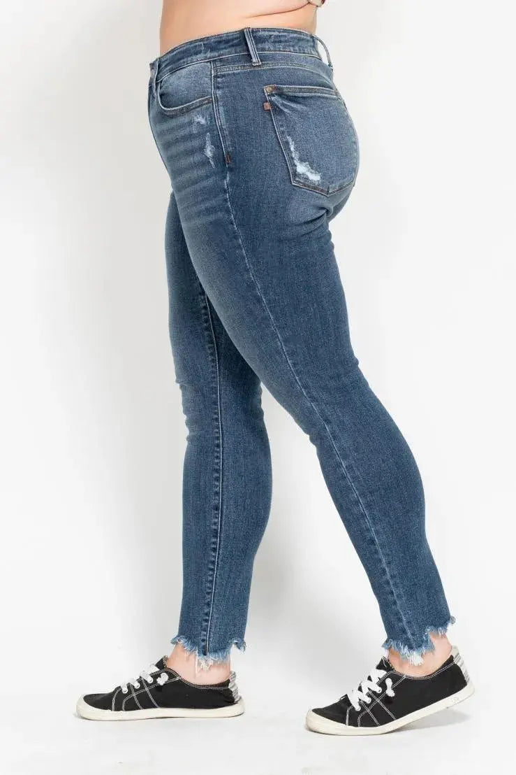 Plus Size High Waist Skinny Judy Blue Jeans with Destroy & Shark Bit Hem