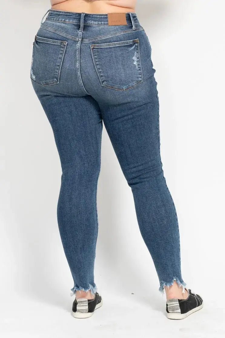 Plus Size High Waist Skinny Judy Blue Jeans with Destroy & Shark Bit Hem