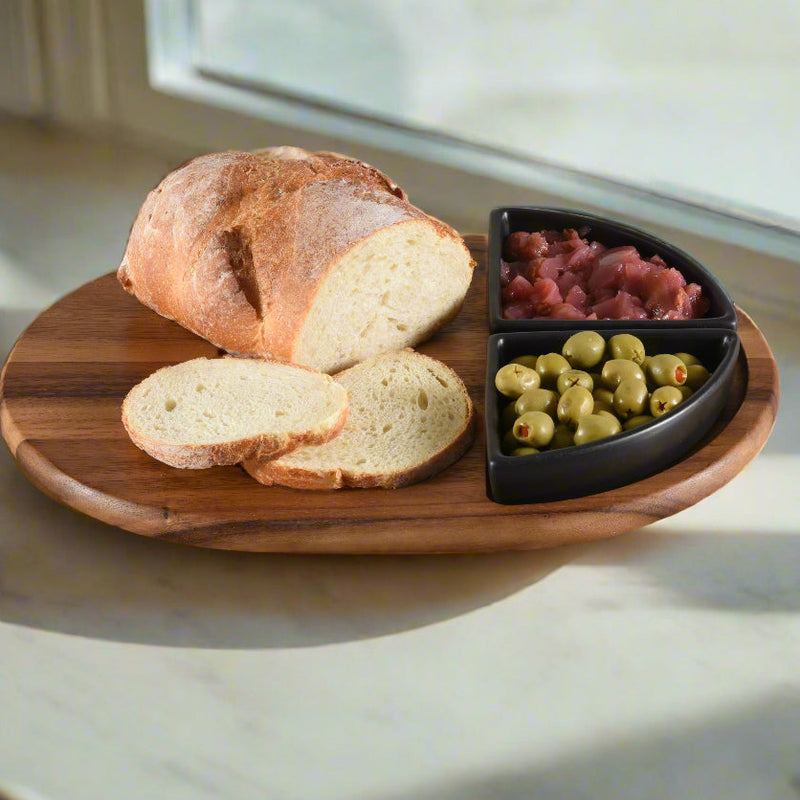Charcuterie/ Serving Tray w/ 2 black triangular ceramic bowls