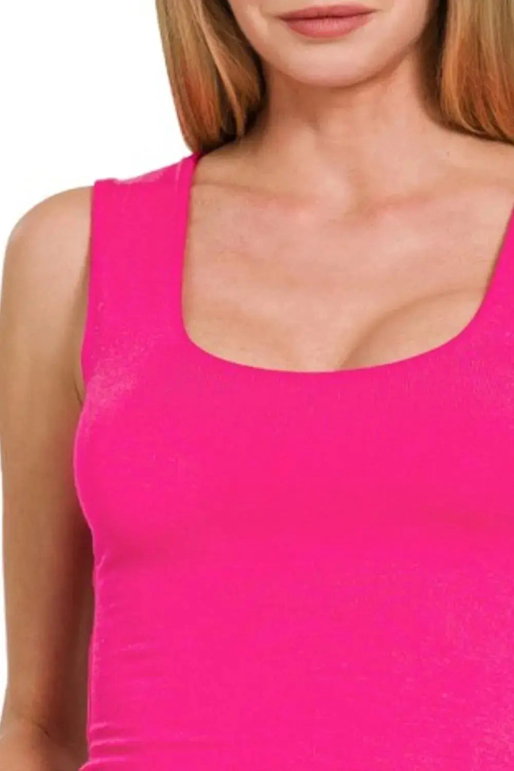 Zenana Hot Pink Double Layered Scoop Neck Crop Tank Top