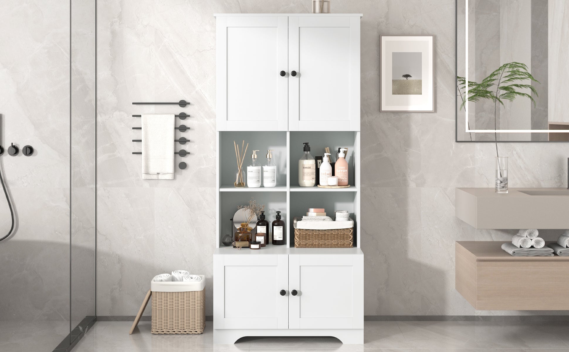 Bathroom storage cabinet, 4-door independent cabinet, adjustable shelf, open multi-layer shelf, white