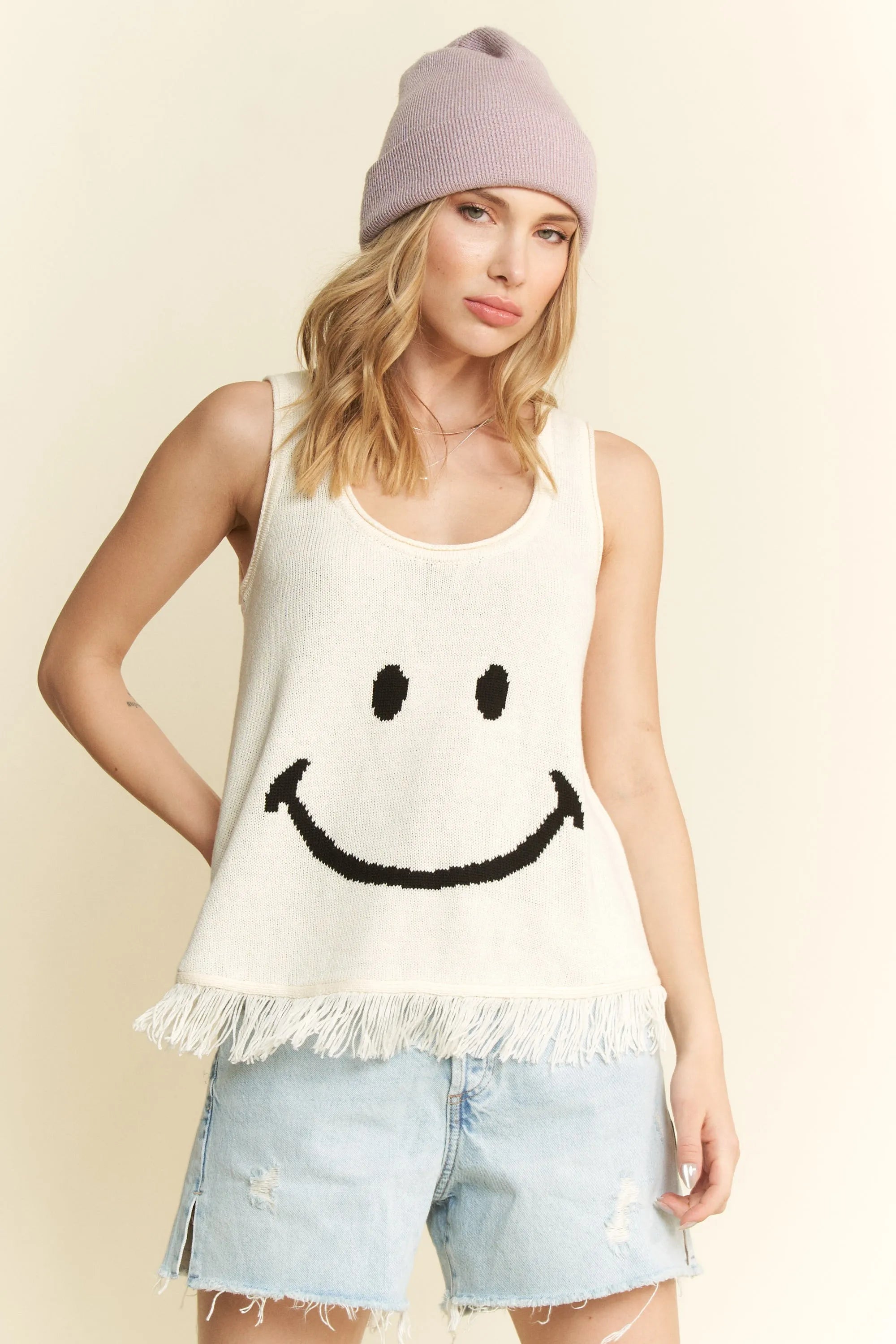 Smiley Face Fringe Graphic Tank Top – Plus Size Friendly