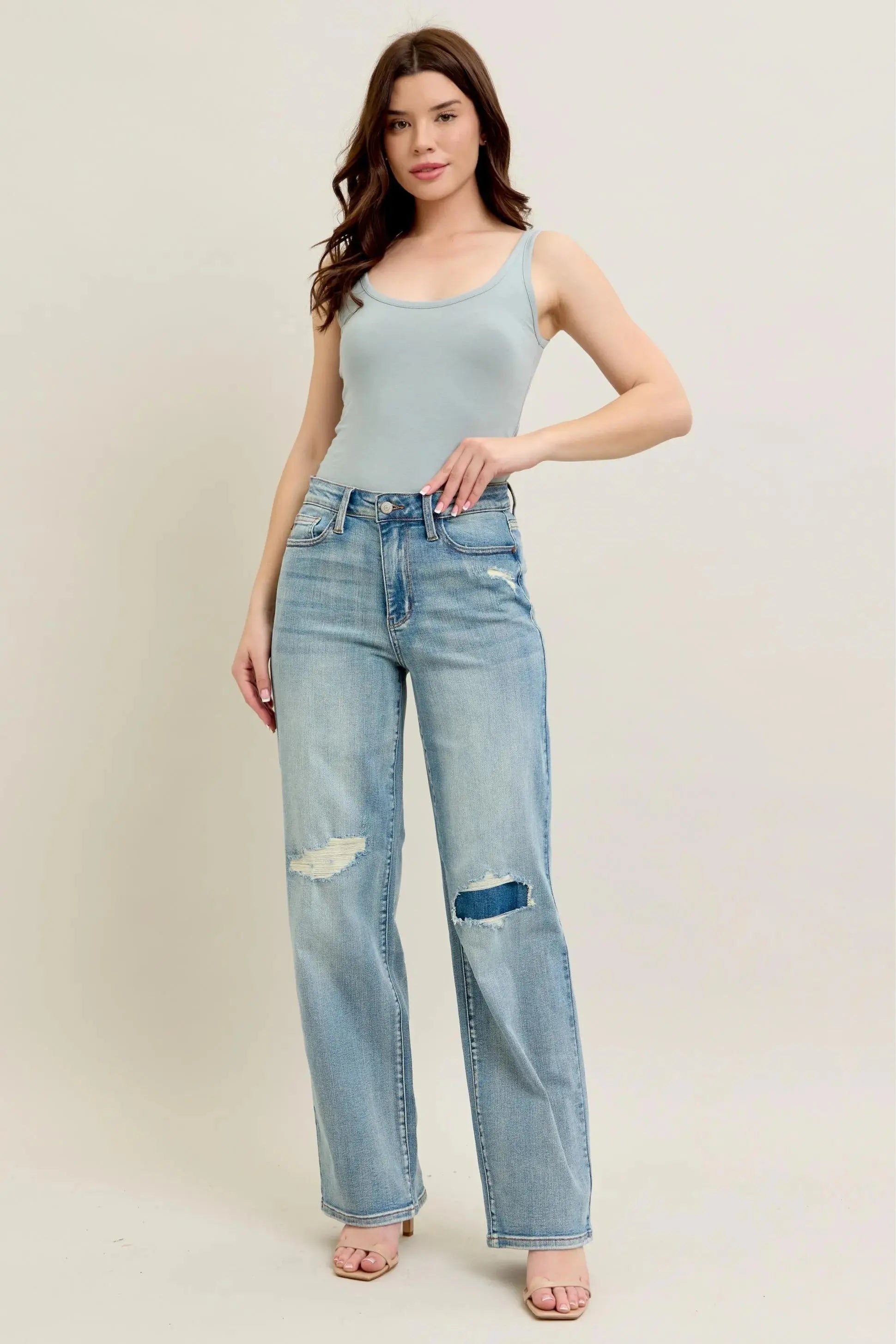 Judy Blue Jeans -Plus Size High Waist Destroy & Knee Patch Straight Leg