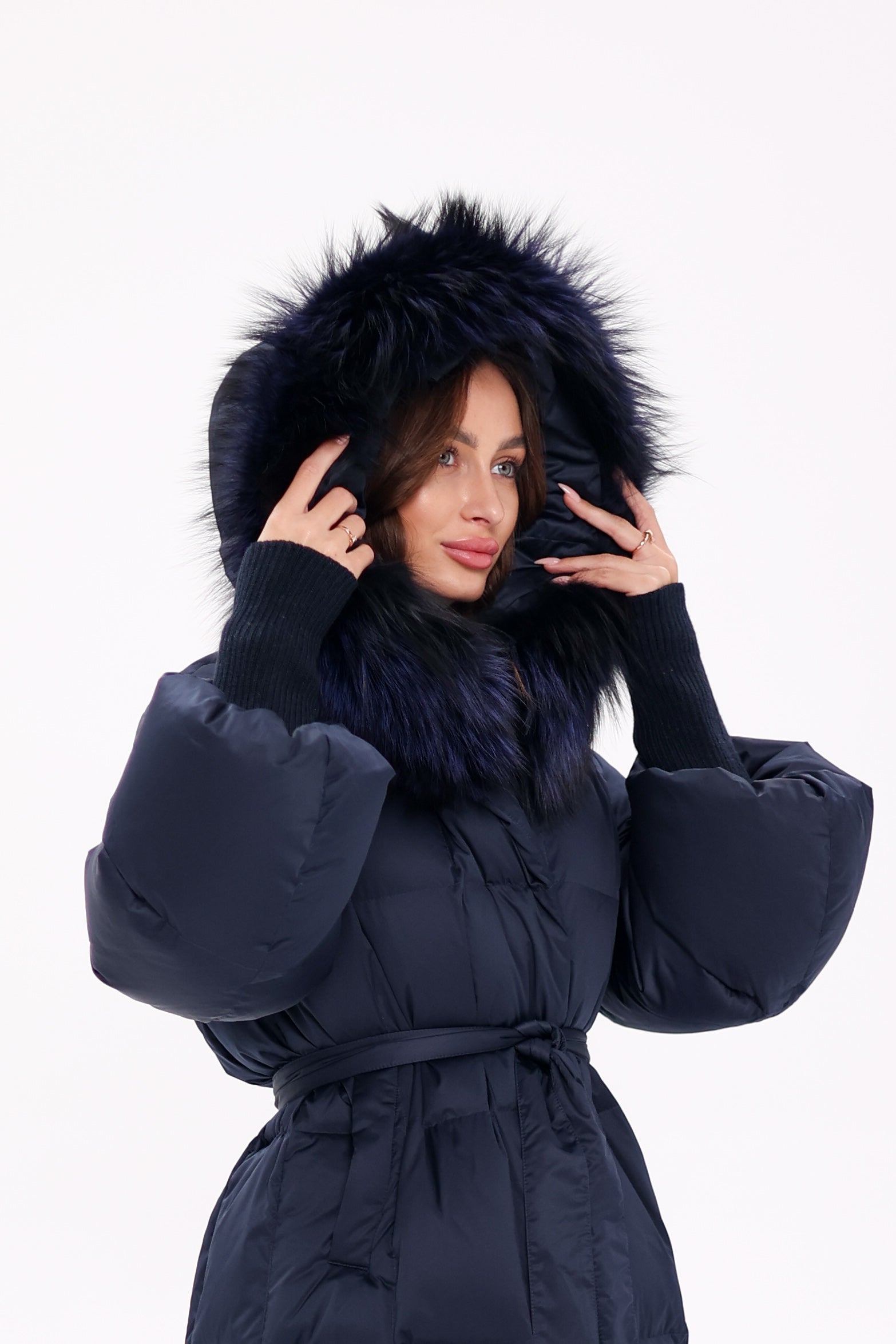 Genuine Fox Fur Trim Down Coat in Royal Blue