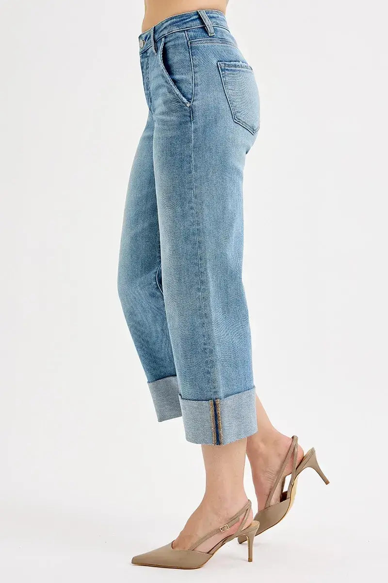 RISEN High Rise Ankle Wide Cuffed Jeans