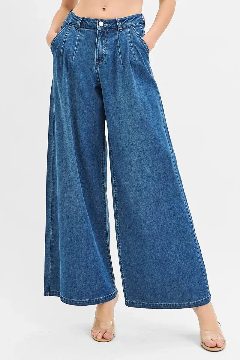 Mid Rise Wide Leg Knit Denim Palazzo RISEN Jeans