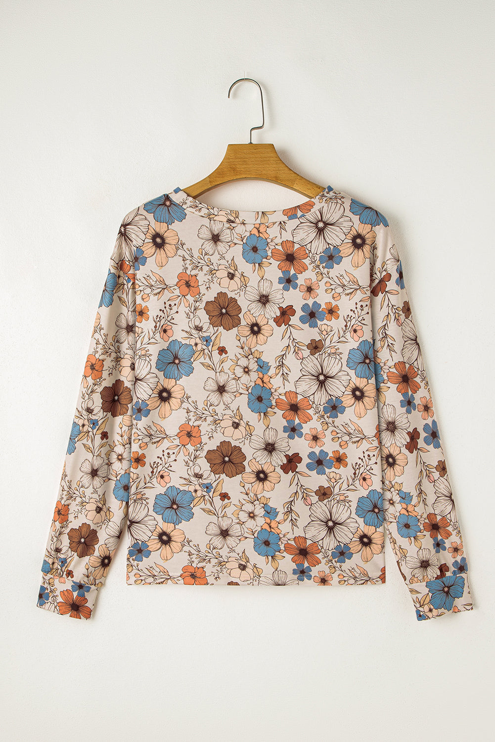 Khaki Floral Print Women's Top - Allover Floral Crew Neck Long Sleeve