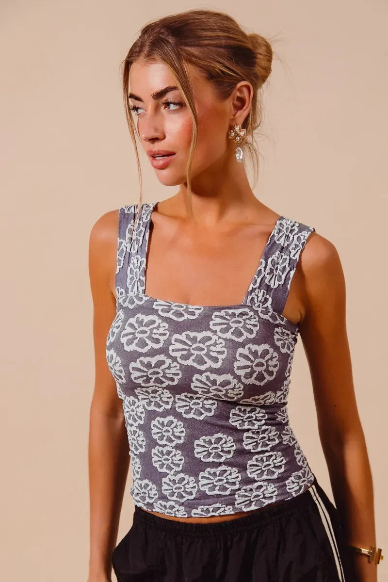 SO ME Charcoal Blue Two Tone Floral Seamless Tank Top