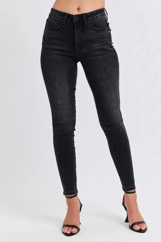Full Size/Plus Size Mid Rise Tummy Control Skinny Judy Blue Jeans