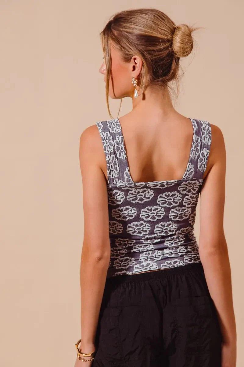 SO ME Charcoal Blue Two Tone Floral Seamless Tank Top