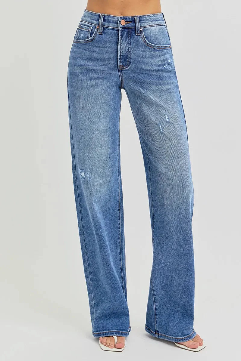 Full Size Tummy Control Elastic Band High Rise Wide RISEN Jeans