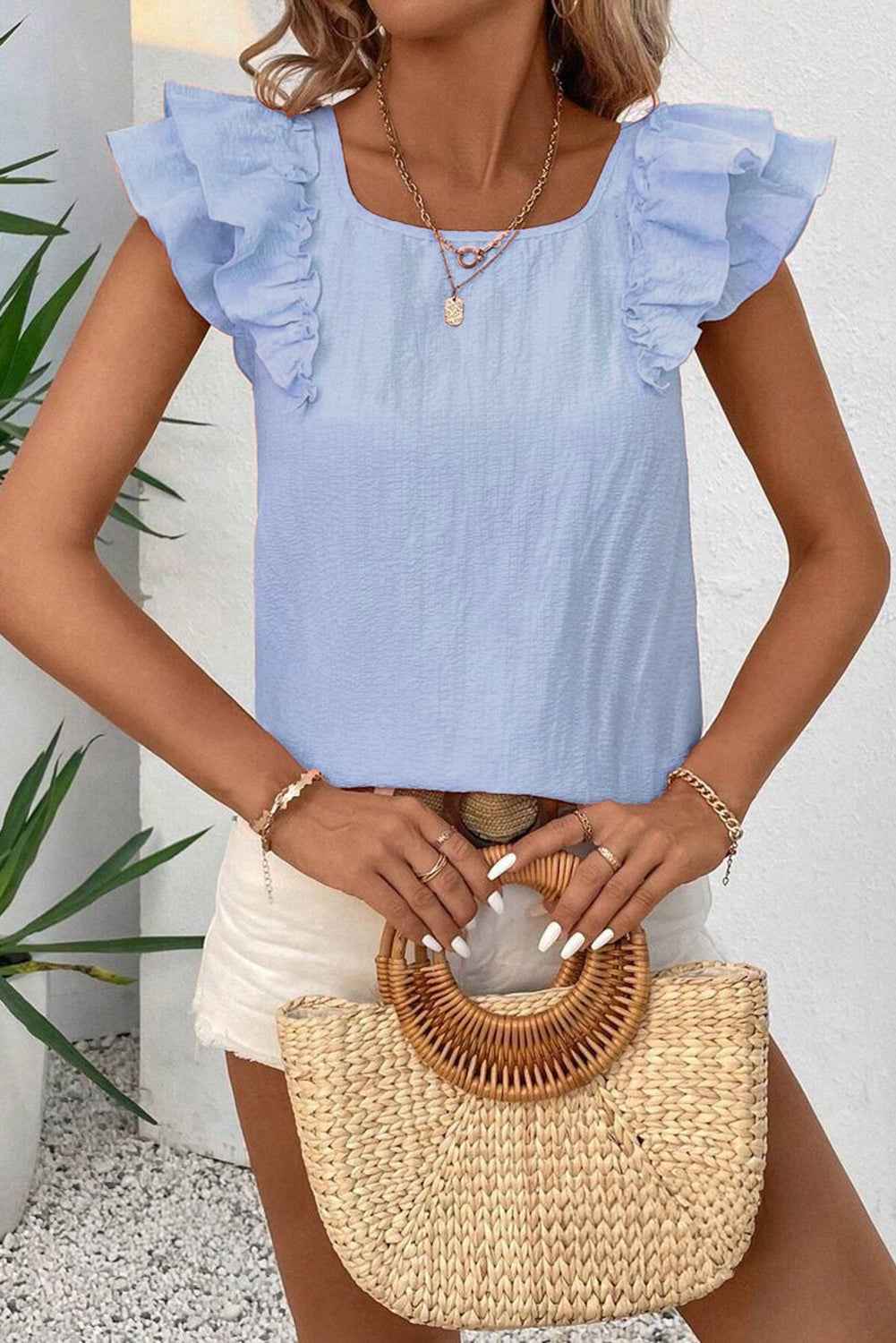 Beige Ruffle Sleeve Blouse with Textured Bow and Frilled Design