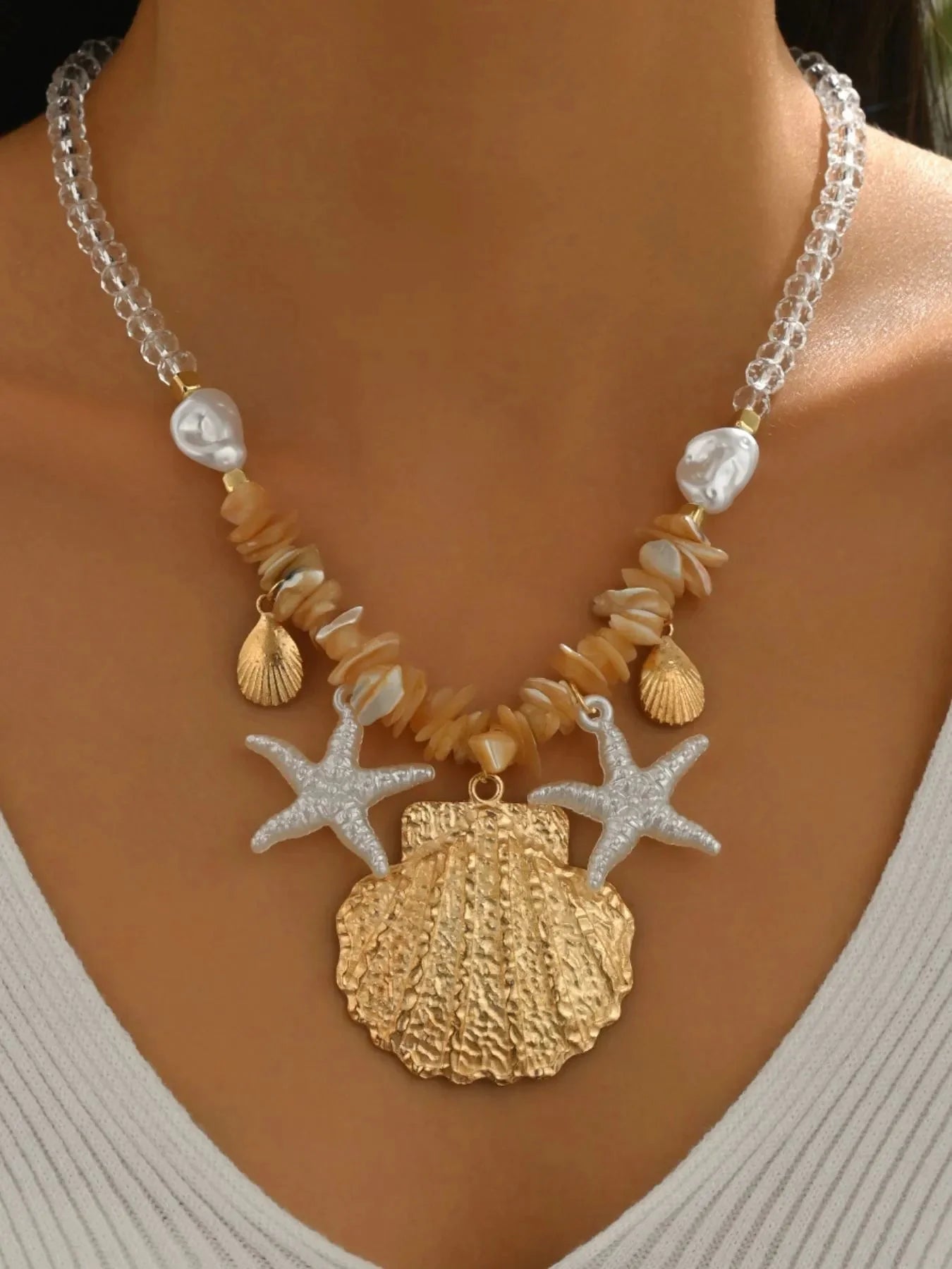 18K Gold-Plated Starfish & Shell Beaded Beach Necklace