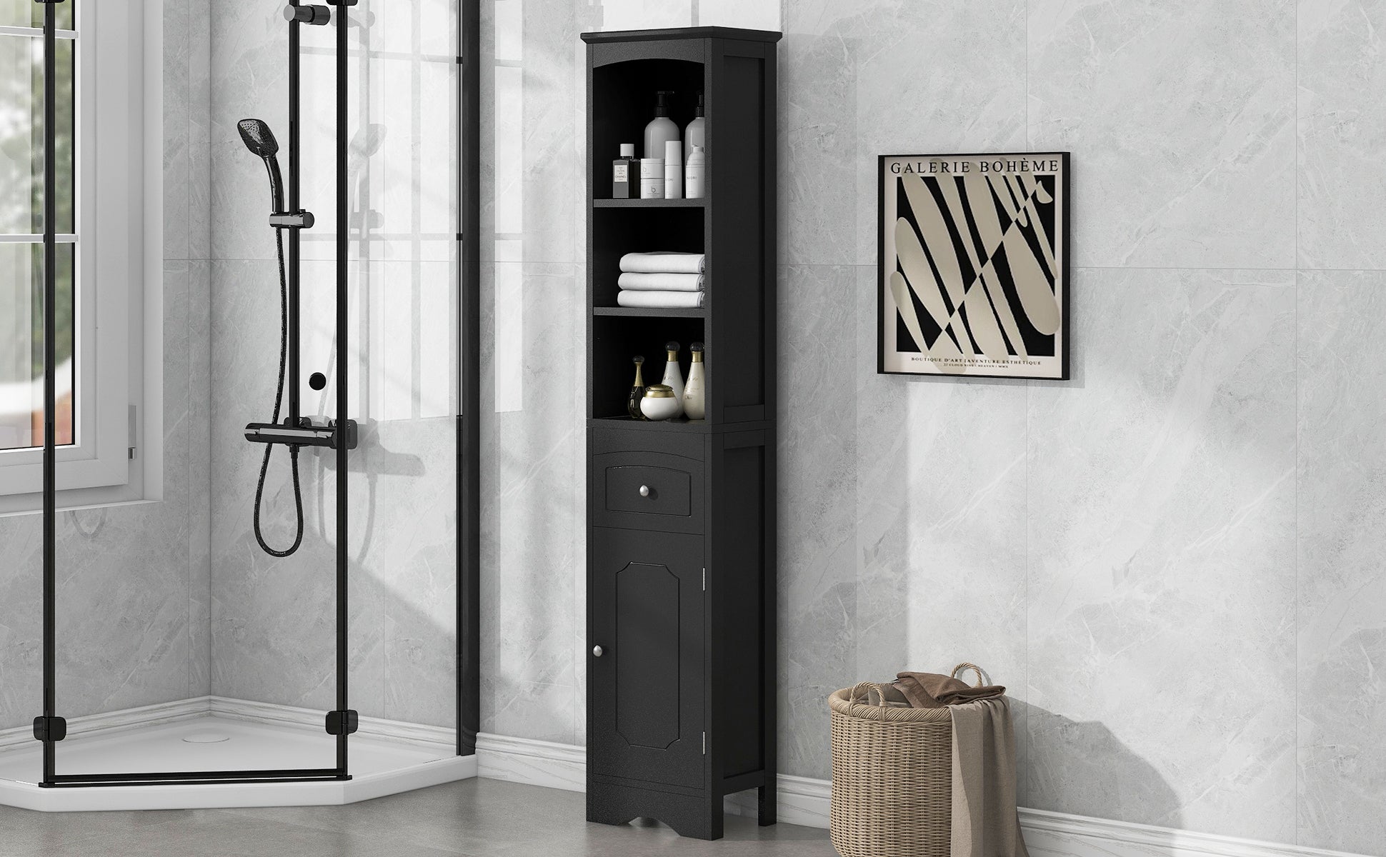 Tall Bathroom Cabinet, Freestanding Storage Cabinet with Drawer, MDF Board, Adjustable Shelf, Black