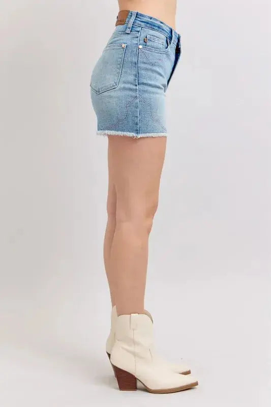 Judy Blue Jeans - Plus Size High Waist Western Embroidery Detail Cut Off Denim Shorts