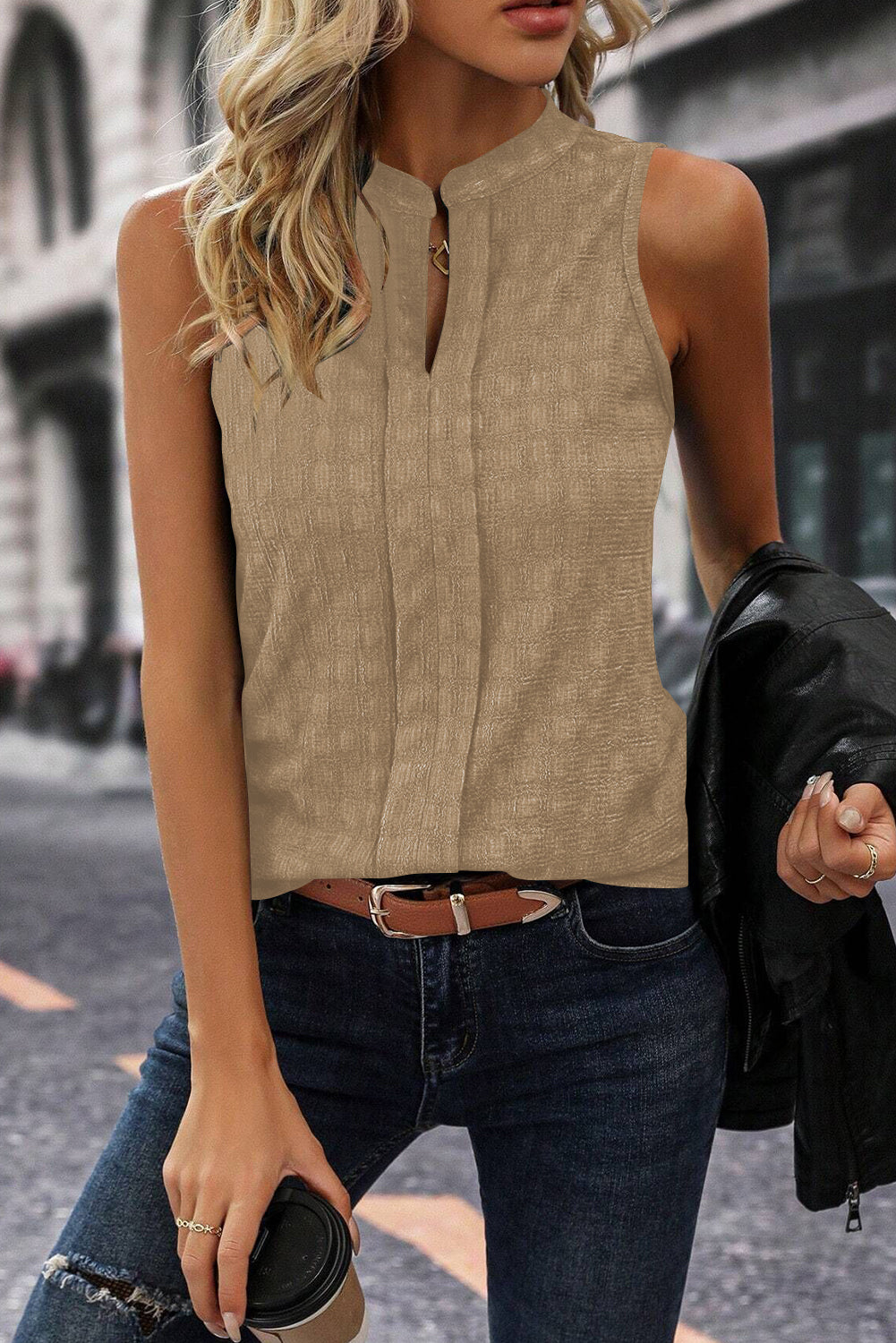 Sea Green Sleeveless Top - Textured Split V Neck Women's Shirt